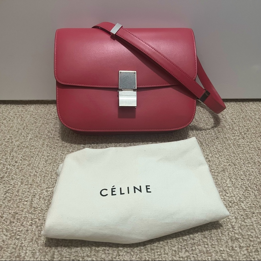 Celine Classic Box Medium Bubble Pink SilverHardware Smooth Leather Shoulder Bag